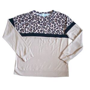 Tickled Teal Womens Animal Print Crew Neck Casual Shirt-Tan-Size Large-GUC